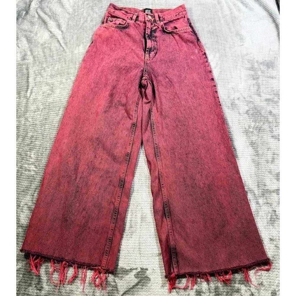 BDG Urban Outfitters Stretch Cowboy Jean Red Acid Wash Wide Leg Raw Hem 25X26